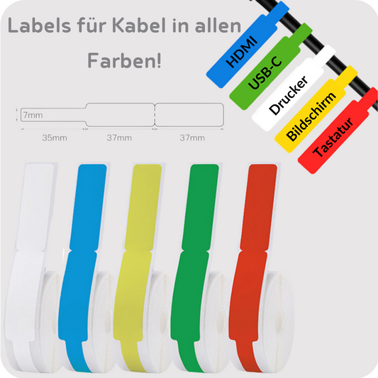 Etiketten für Kabel ind blau, grün, weiß, gelb und rot