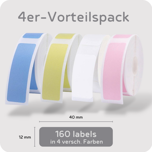 vier Rollen Etiketten im Vorteilspack in blau, gelb, weiß und rosa
