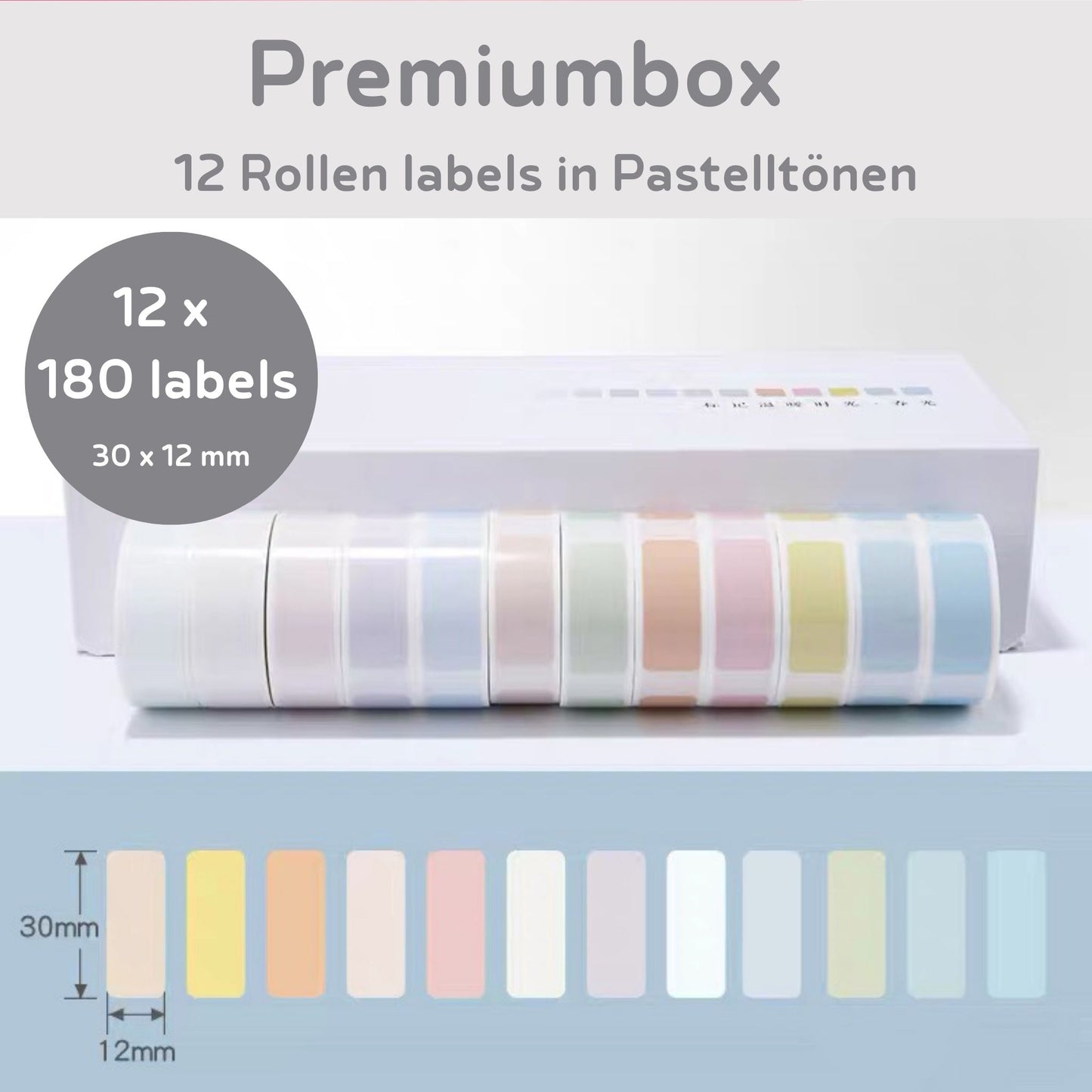 Premiumbox 12 Rollen labels in exklusiven Farben