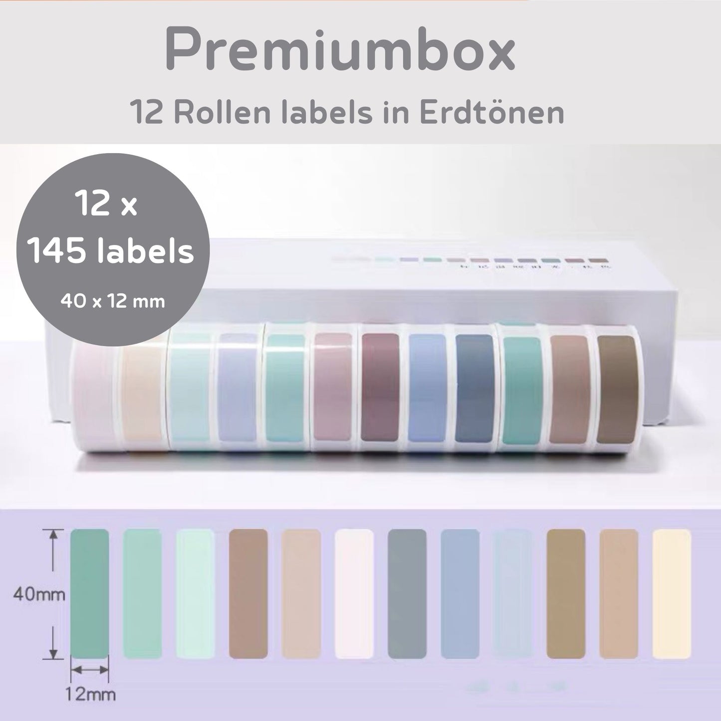 Premiumbox 12 Rollen labels in exklusiven Farben