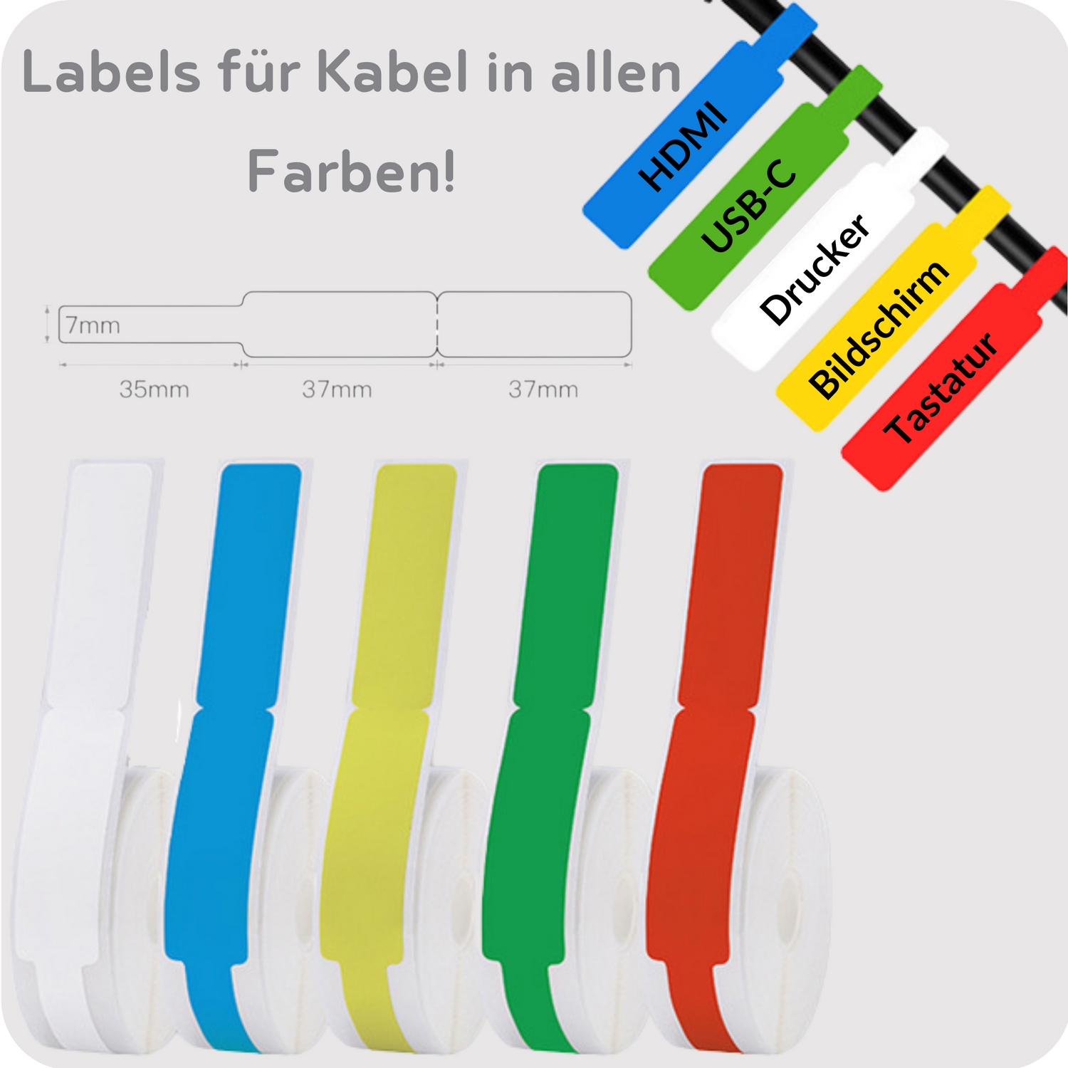 Etiketten für Kabel ind blau, grün, weiß, gelb und rot